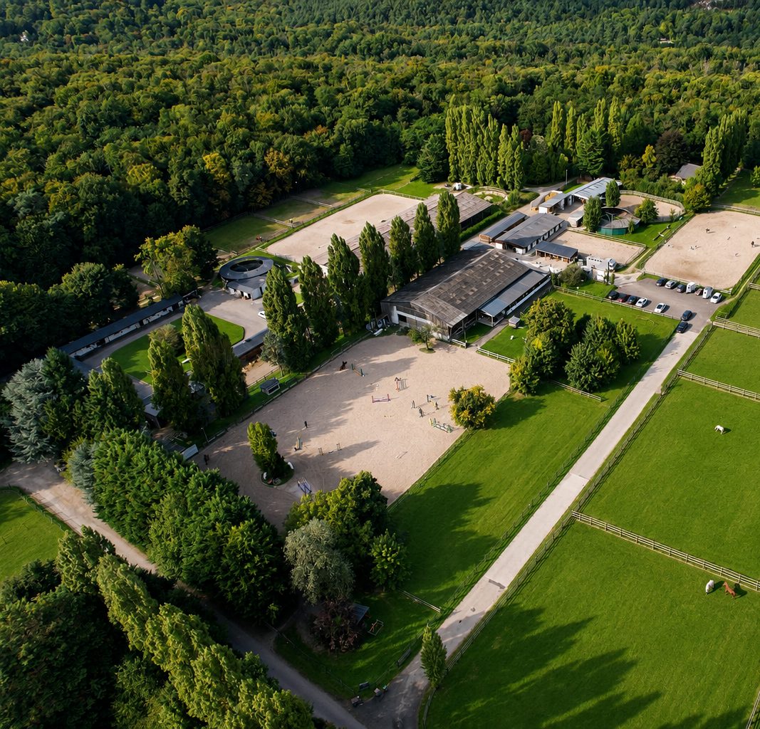 Vue aérienne des installations du Centre Équestre de Montigny, prairies et carrières